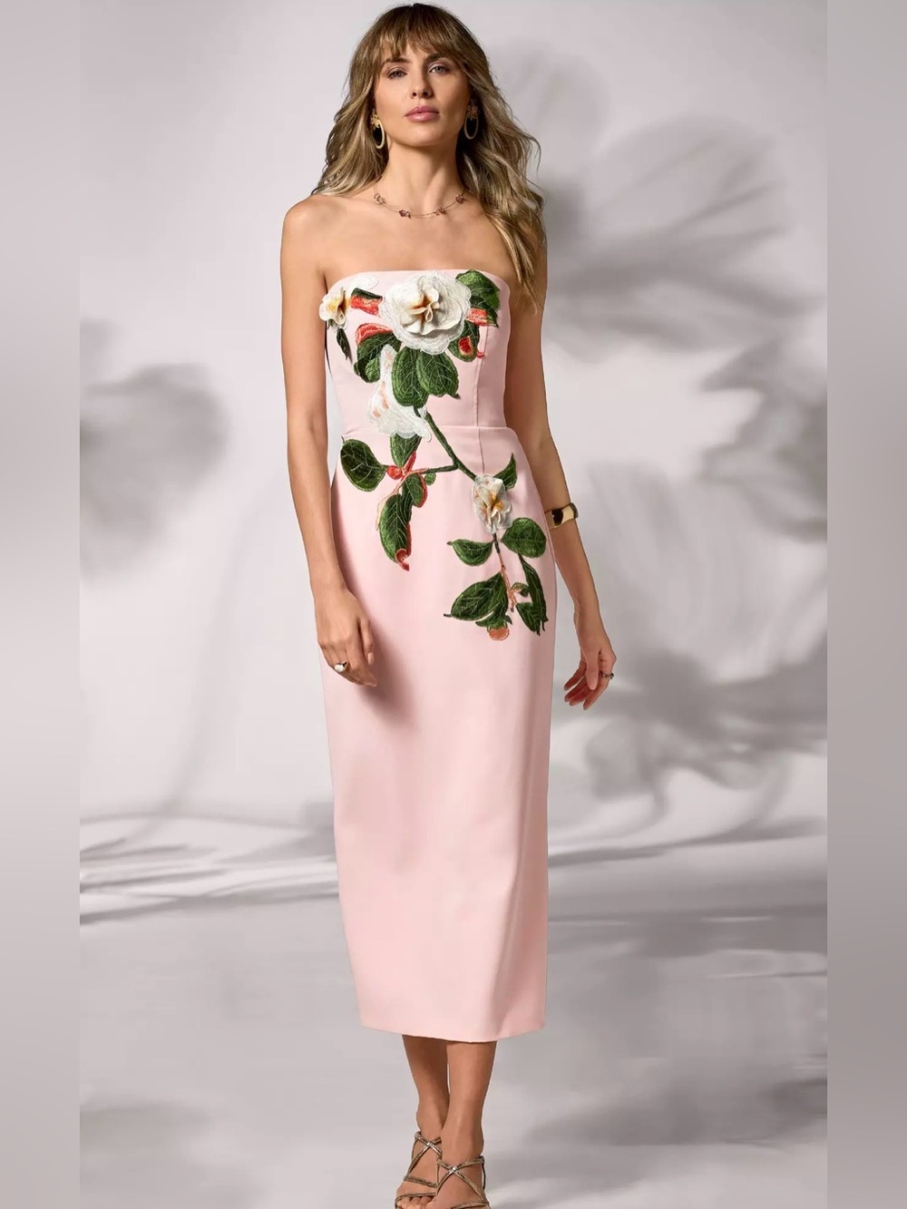 Boston Proper Strapless Light Pink Floral Appliqué Midi Dress sz 2 dry cleaned*